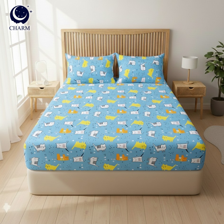 ชุดผ้าปูที่นอน 6 ฟุต 3 ชิ้น ไม่รวมผ้านวม Fluffy คอลเลคชั่น Dreamy ลาย Cat joy_2